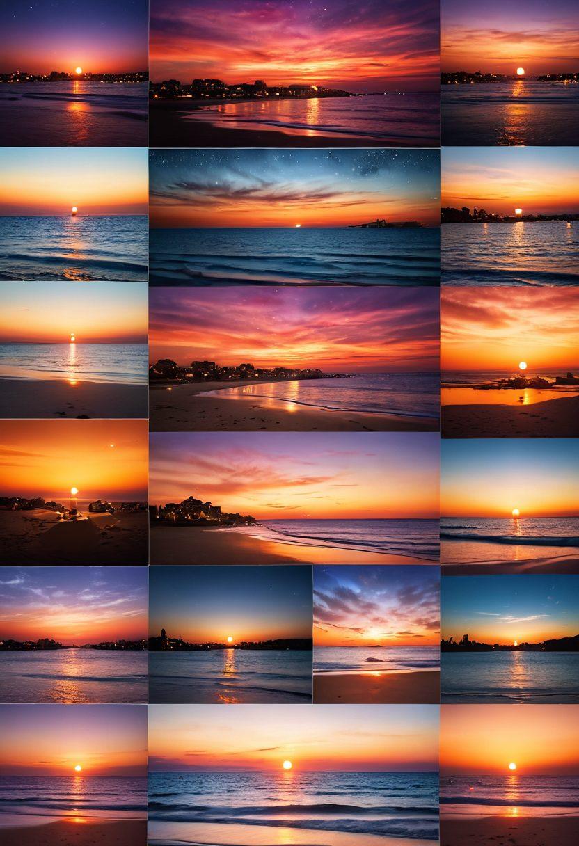A beautifully arranged collage of romantic desktop backgrounds featuring serene beach sunsets, cozy candlelit dinners, and passionate cityscapes under the stars. Each background should seamlessly blend into one another, with a soft glow emanating from the candlelight and vibrant colors reflecting love and connection. Add subtle heart motifs in the corners to enhance the romantic theme. super-realistic. vibrant colors. striped background.