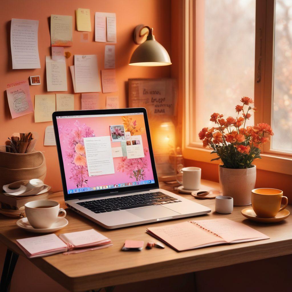 An aesthetically pleasing desktop set up with warm colors, featuring a cozy workspace that includes soft lighting, inspiring quotes on sticky notes, and personal items that symbolize love and empowerment. The scene should reflect a harmonious blend of technology and femininity, with floral decorations and a laptop displaying a heartfelt message. Include a cup of tea or coffee to evoke comfort and connection. super-realistic. vibrant colors. cozy atmosphere.