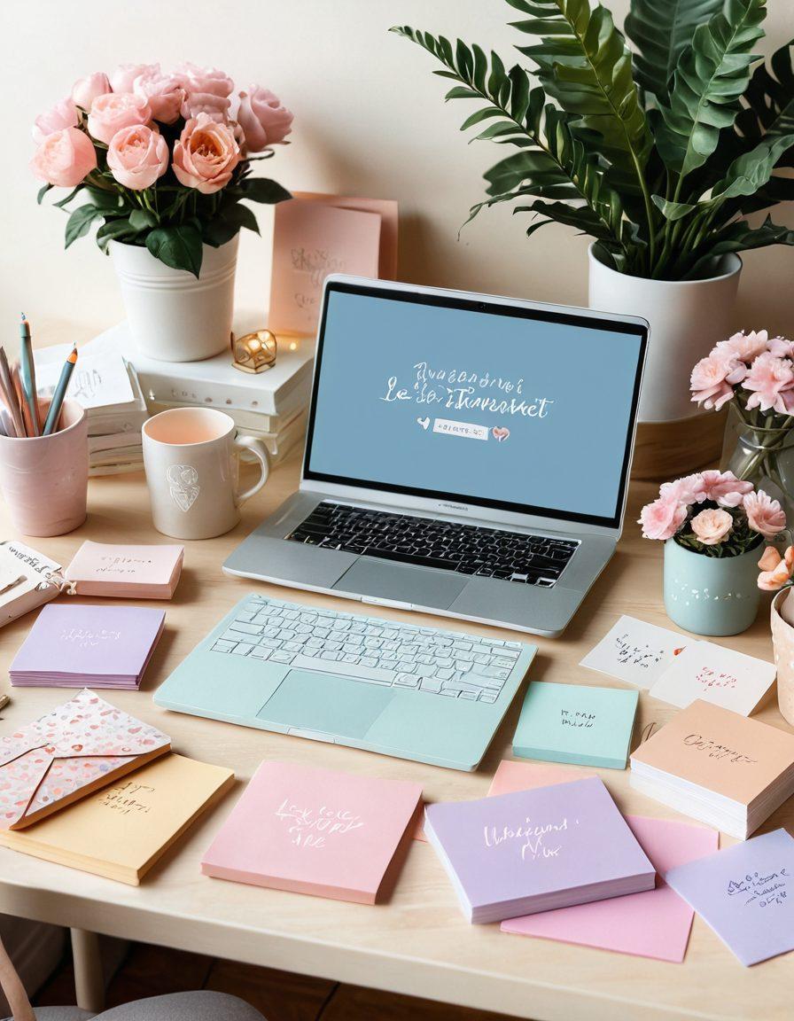 A dreamy desktop scene showcasing a cozy workspace filled with soft pastel colors, featuring a beautiful desktop wallpaper of intertwined hearts and blooming flowers, symbolizing love and empowerment. Include inspiring quotes on sticky notes, a cute plant, and delicate feminist symbols like the female gender sign subtly integrated into the design. Emphasize a warm, inviting atmosphere that inspires creativity and passion. super-realistic. vibrant colors. soft focus.